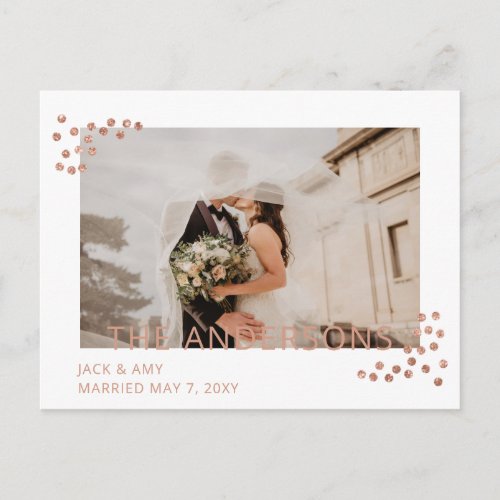Rose Gold Confetti Photo Wedding Announcement Postcard