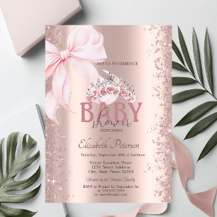 Rose Gold Confetti Pink Bow Crown Baby Shower Invitation