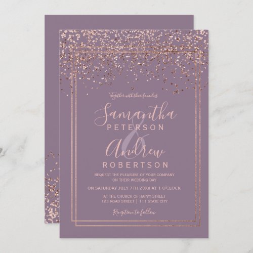 Rose gold confetti purple border wedding invitation