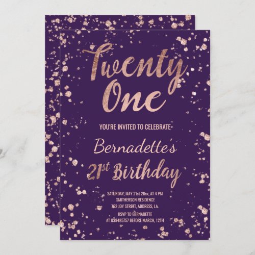 Rose gold confetti purple splatters 21st Birthday Invitation