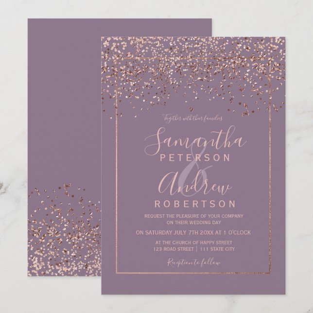 Rose gold confetti purple typography wedding invitation (Front/Back)