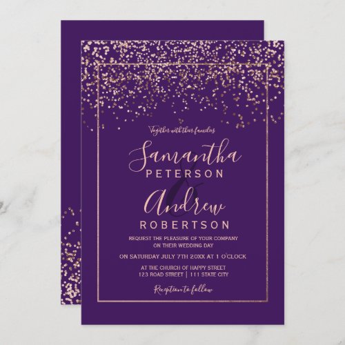 Rose gold confetti purple typography wedding invitation