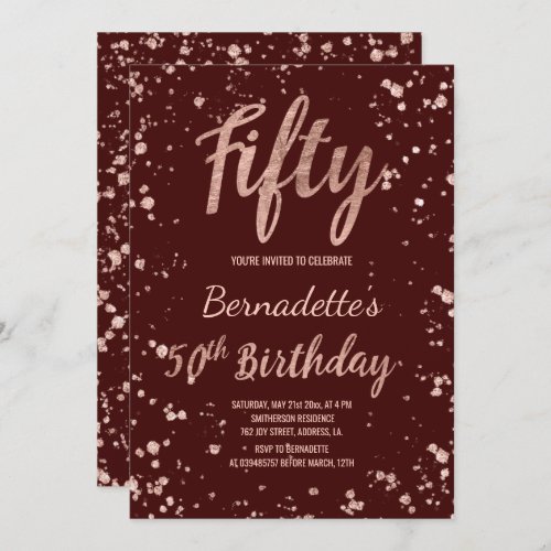 Rose gold confetti red burgundy 50th Birthday Invitation