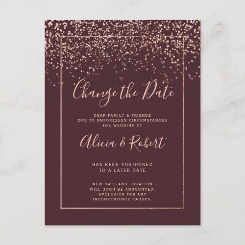 Rose gold confetti red burgundy change the date announcement postcard