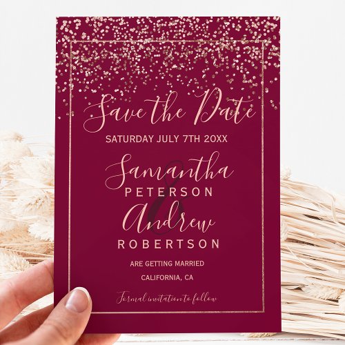 Rose gold confetti red burgundy save the date