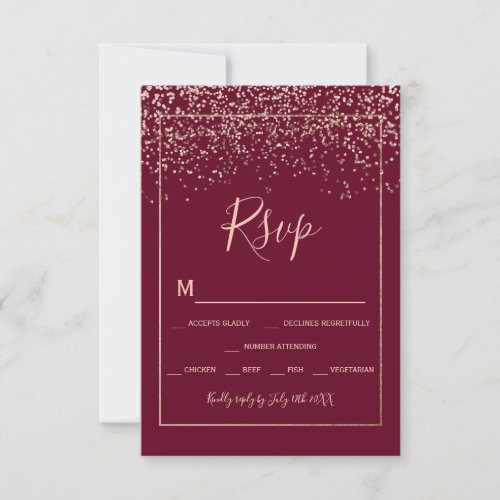 Rose gold confetti red burgundy typography rsvp