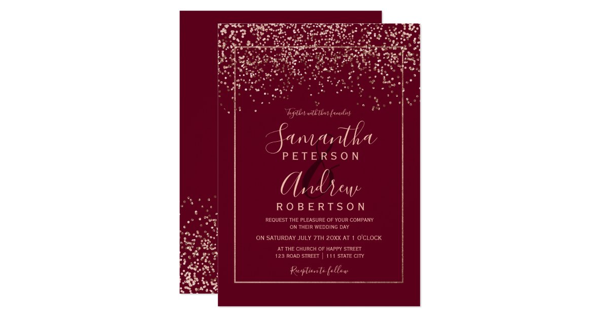 Rose gold confetti red burgundy typography wedding