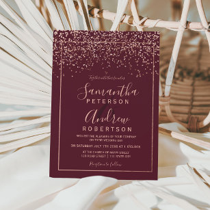 Rose gold confetti red burgundy typography wedding invitation