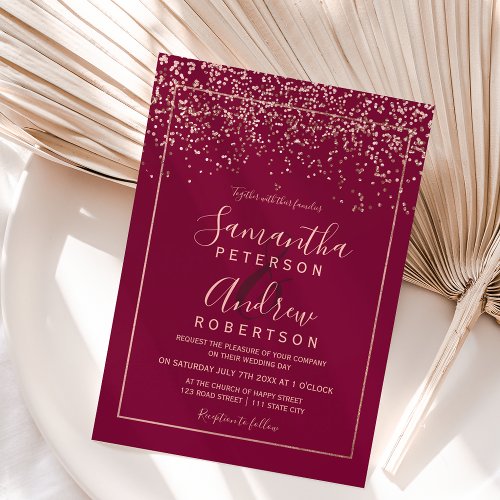 Rose gold confetti red burgundy typography wedding invitation