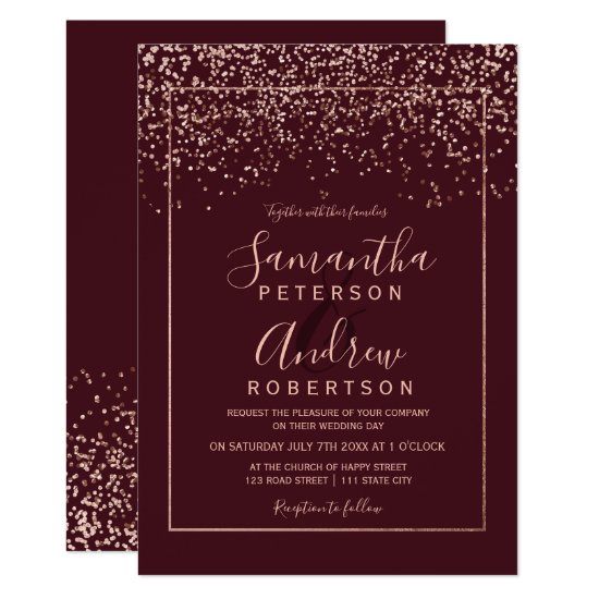 Rose gold confetti red burgundy typography wedding invitation