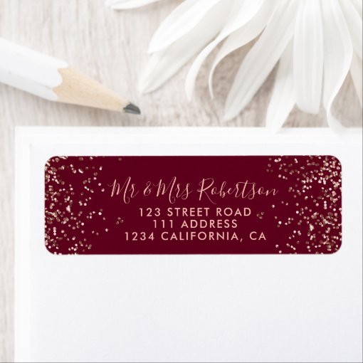 Rose Gold Confetti Red Burgundy Typography Wedding Label Zazzle