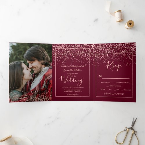 Rose gold confetti red burgundy typography wedding Tri_Fold invitation