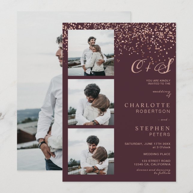 Rose gold confetti red initials photos wedding invitation (Front/Back)