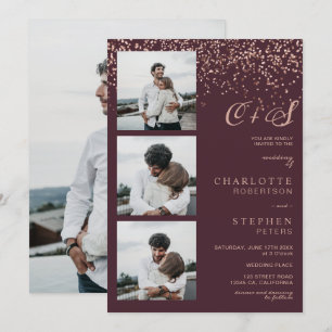 Rose gold confetti red initials photos wedding invitation