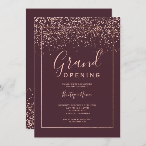 Rose gold confetti red typography grand opening invitation