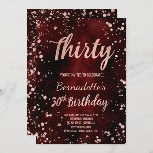 Rose gold confetti red watercolor 30th Birthday Invitation