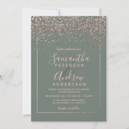 Rose gold confetti sage green typography wedding invitation | Zazzle