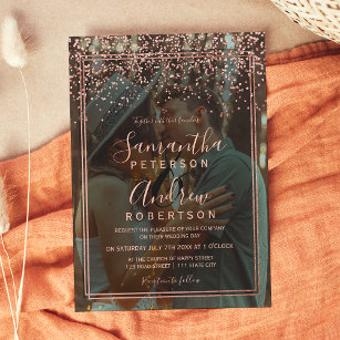Rose gold confetti script border photo wedding invitation