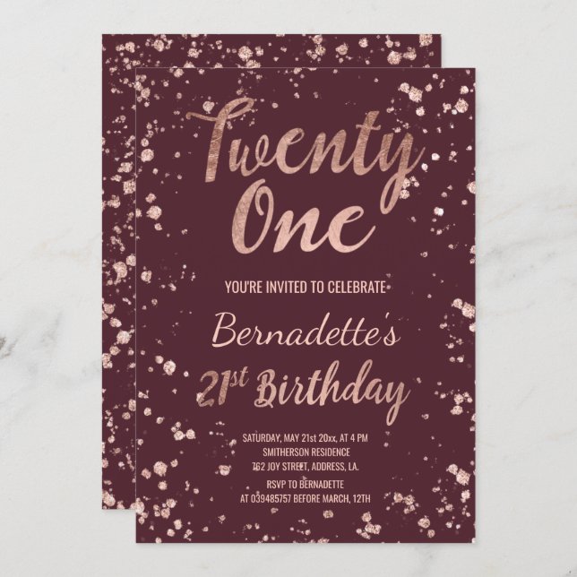 Rose gold confetti splatters burgundy 21 Birthday Invitation (Front/Back)