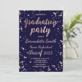 Rose gold confetti splatters navy graduation party invitation (Standing Front)