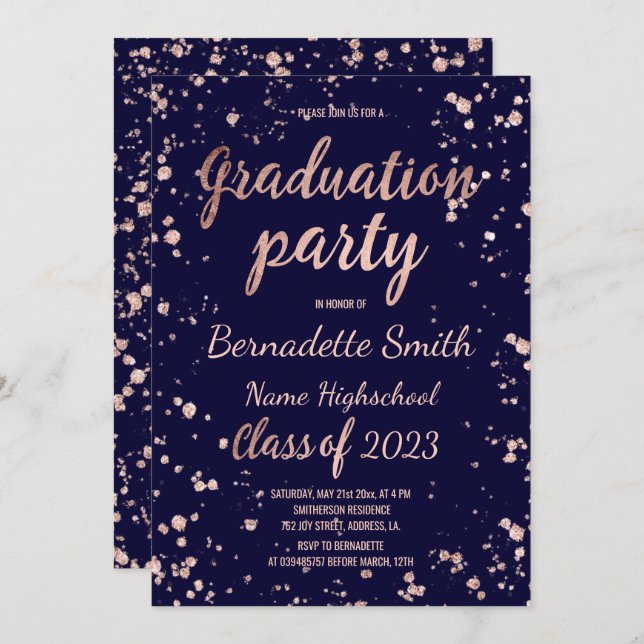 Rose gold confetti splatters navy graduation party invitation (Front/Back)