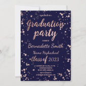 Rose gold confetti splatters navy graduation party invitation (Front)
