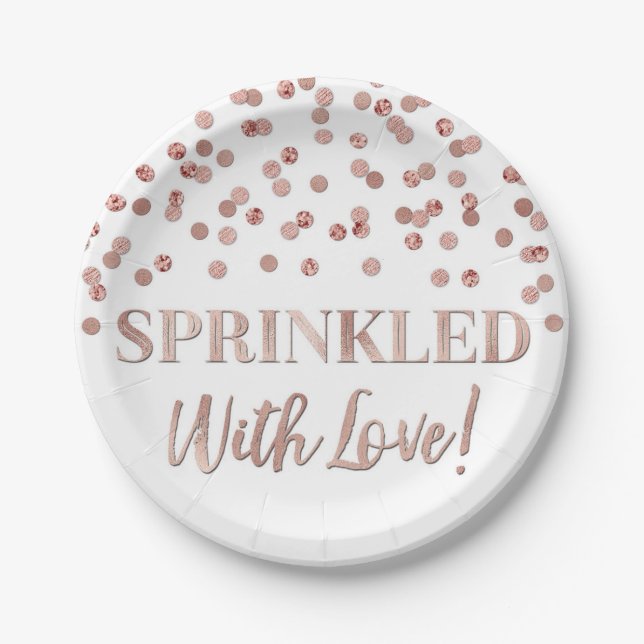 Rose Gold Confetti Sprinkled with Love Paper Plates (Front)