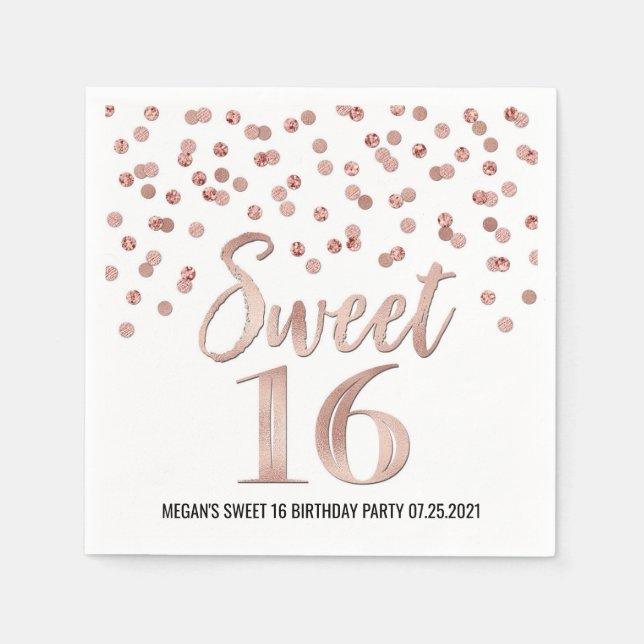 Rose Gold Confetti Sweet 16 Birthday Napkins (Front)