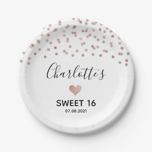 Rose Gold Confetti Sweet 16 Birthday Party Paper Plates