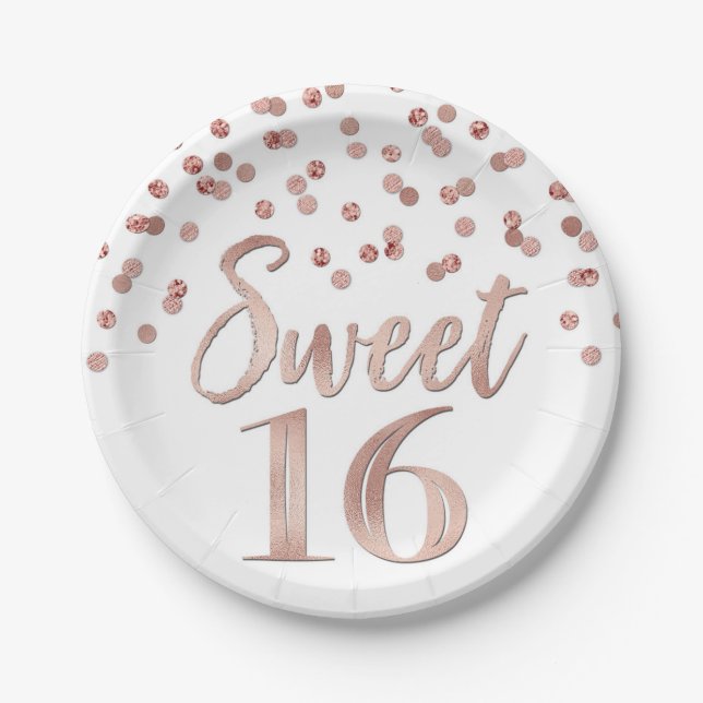 Rose Gold Confetti Sweet 16 Birthday Party Paper Plates (Front)