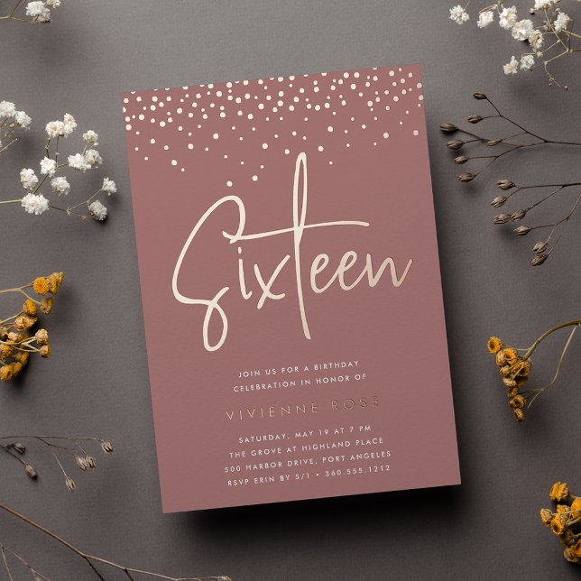 Rose Gold Confetti Sweet Sixteen Birthday Party Foil Invitation (Creator Uploaded)