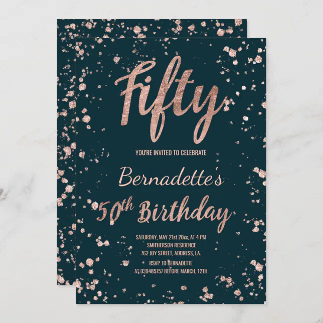 Rose gold confetti teal green 50th Birthday Invitation | Zazzle