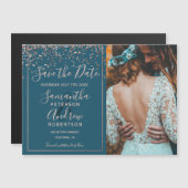 Rose gold confetti teal save the date photo (Front/Back)