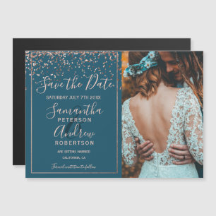 Rose gold confetti teal save the date photo