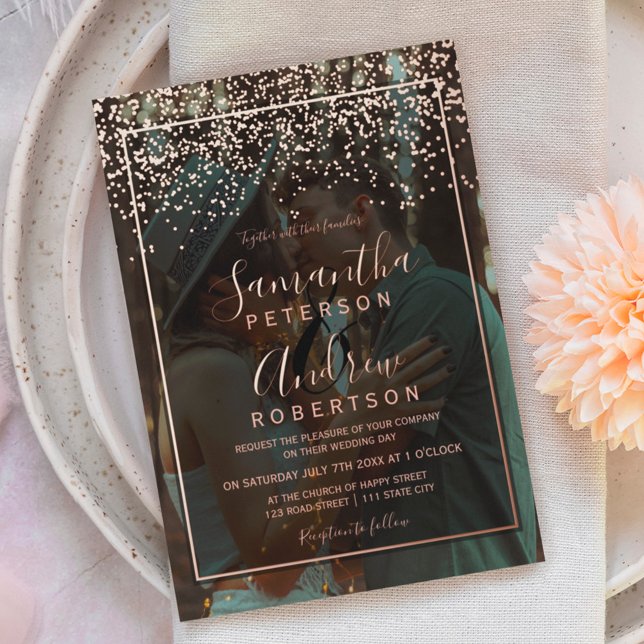 Rose gold confetti typography photo wedding  foil invitation (Creator Uploaded)