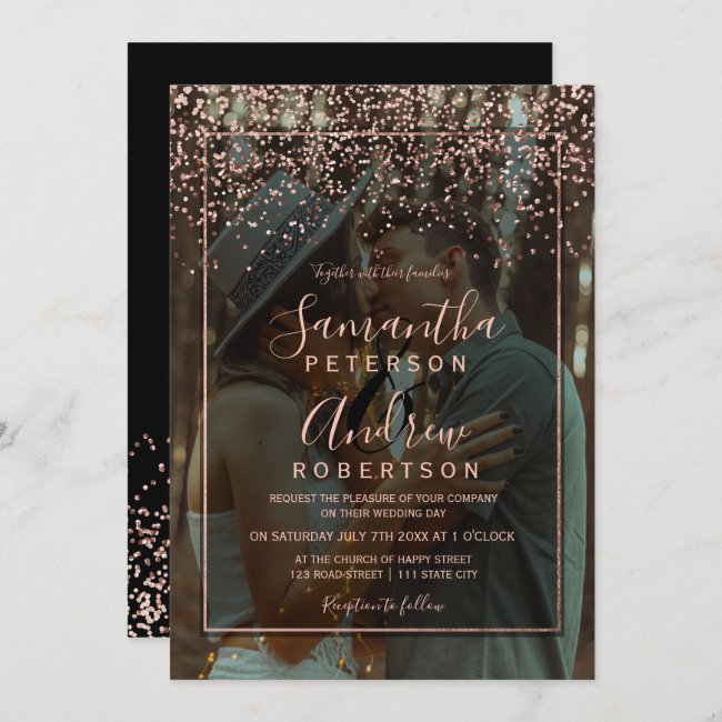Rose gold confetti typography photo wedding invitation