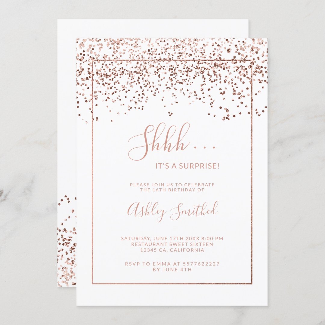 Rose gold confetti typography surprise birthday invitation | Zazzle