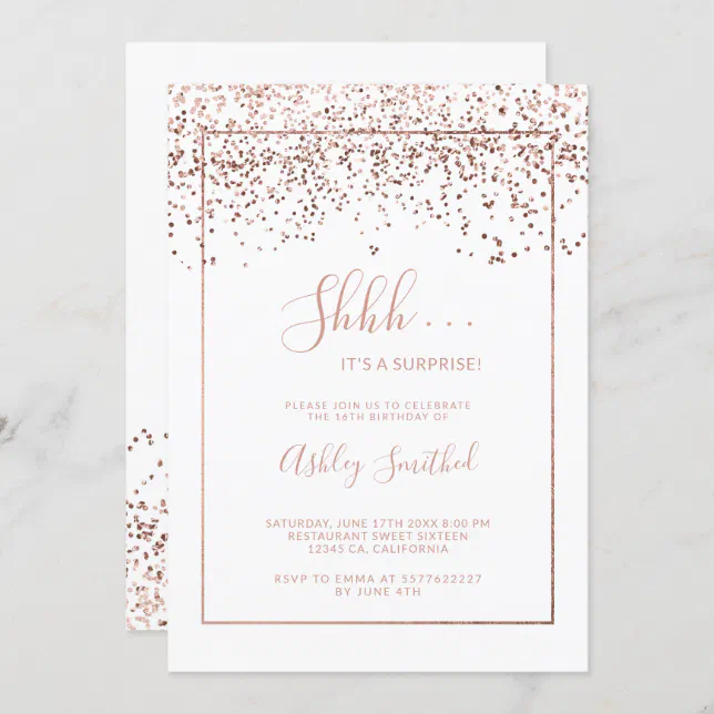 Rose gold confetti typography surprise birthday invitation | Zazzle