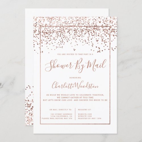 Rose gold confetti white bridal shower by mail invitation