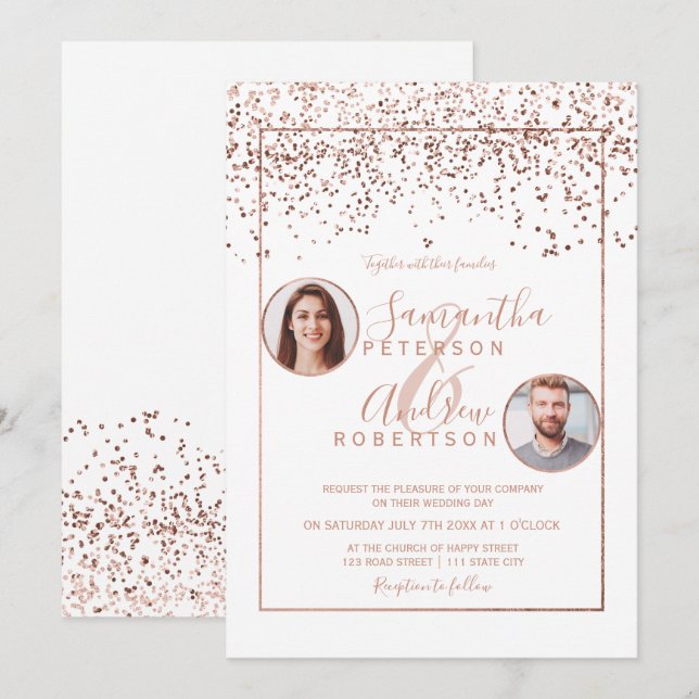 Rose gold confetti white circle photo wedding invitation (Front/Back)