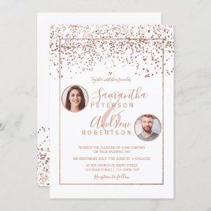 Rose gold confetti white circle photo wedding invitation