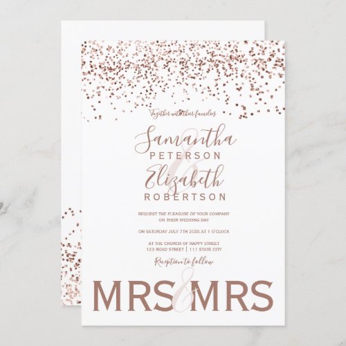 Rose gold confetti white lesbian wedding invitation