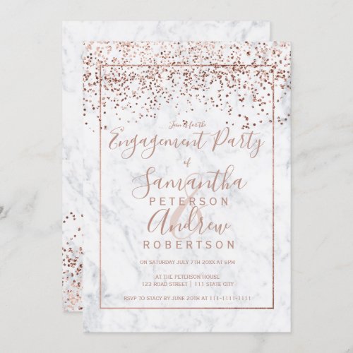 Rose gold confetti white marble script engagement invitation
