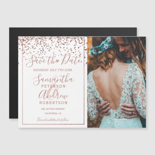 Rose gold confetti white save the date photo