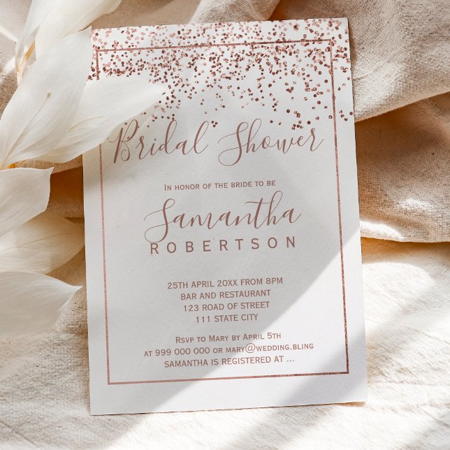 Rose gold confetti white script bridal shower invitation