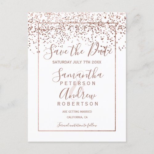 Rose gold confetti white script save the date announcement postcard