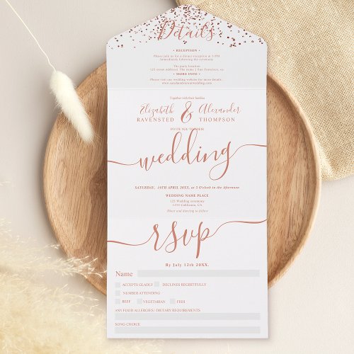 Rose gold confetti white script wedding all in one invitation