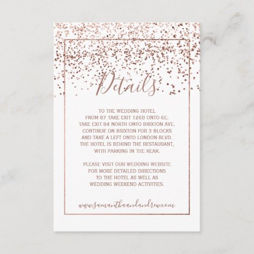 Rose gold confetti white typography details enclosure card