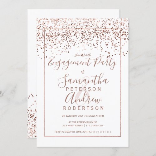 Rose gold confetti white typography engagement invitation