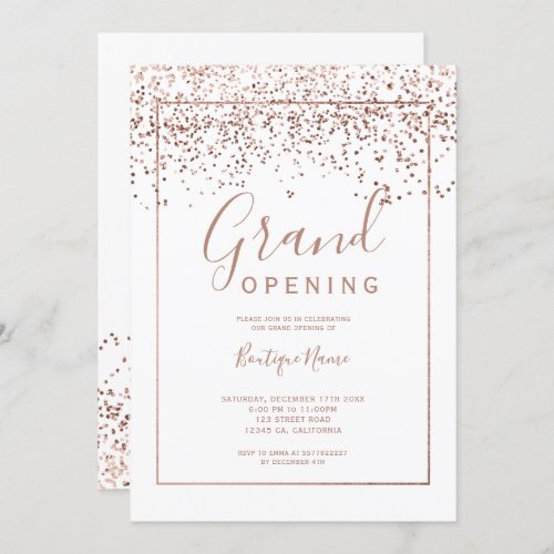 Rose gold confetti white typography grand opening invitation